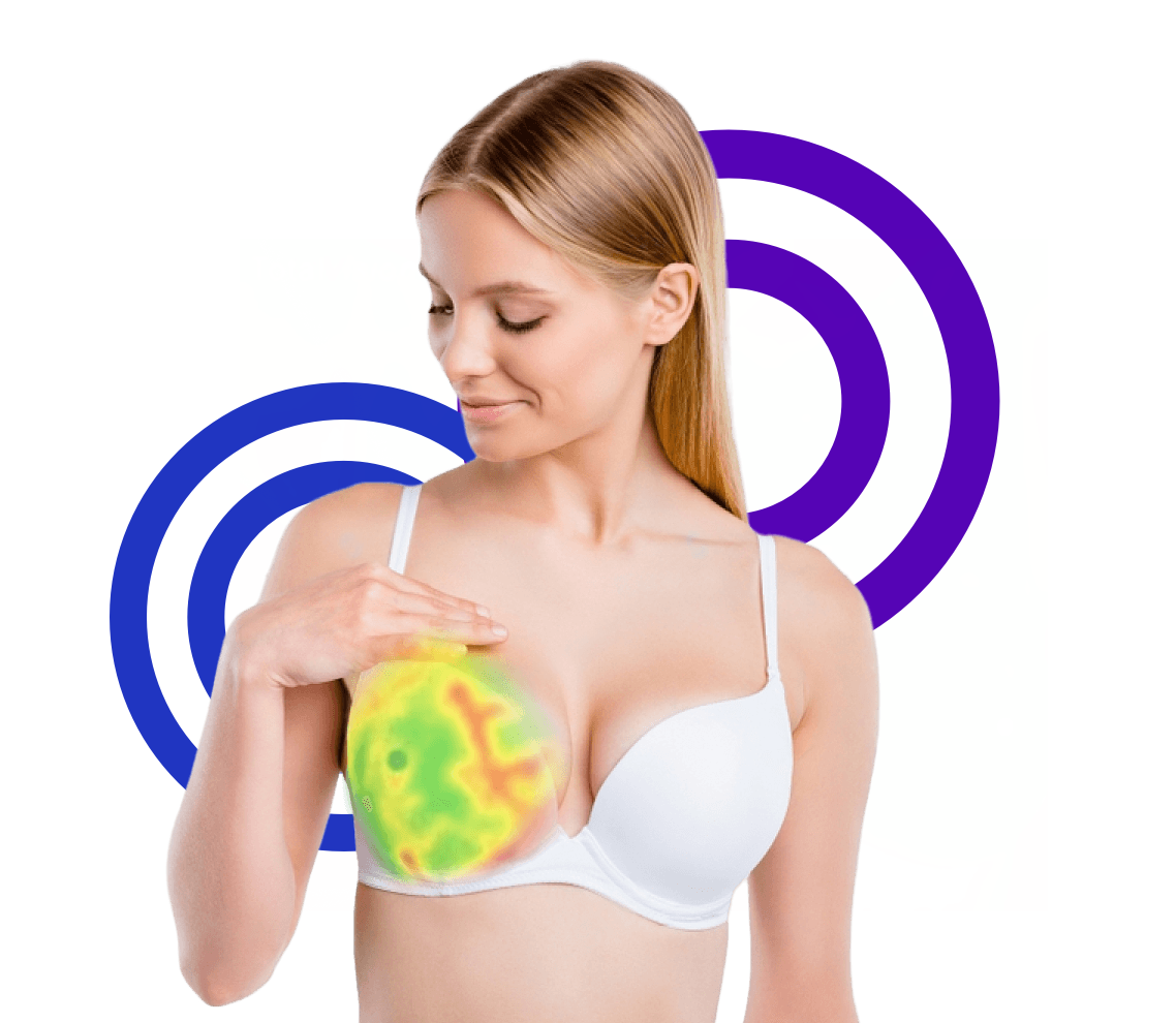 Bild på kvinna där ena bröstet visar en bild tagen med termografi